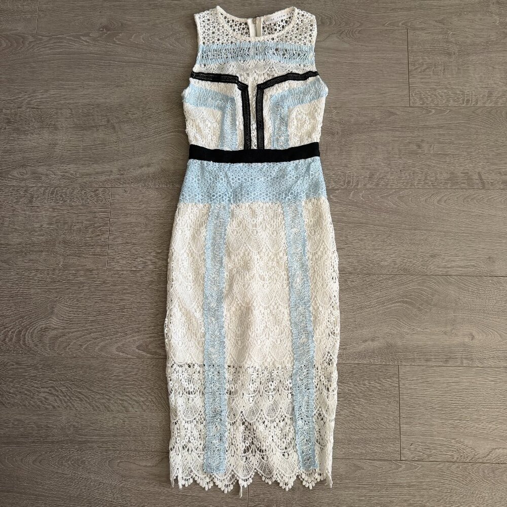 SLIDE SHOW Lace Midi Dress White Blue Black Trim Size 6 Sleeveless